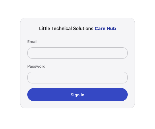 The redesigned Care Hub sign-in screen, matching the same design language as the public website