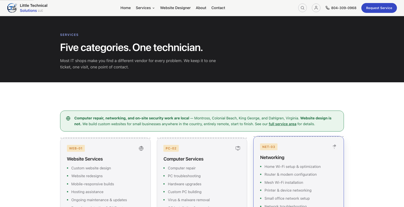 The redesigned Services page, showing service category cards with the updated design