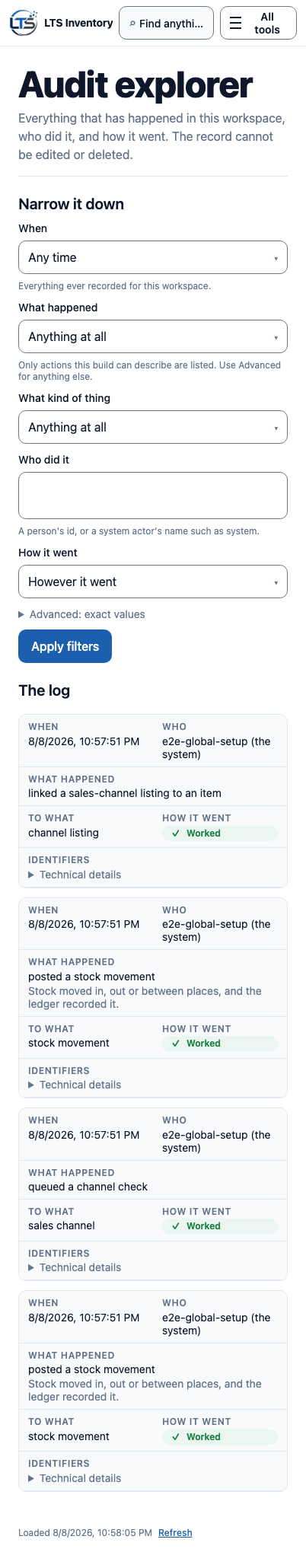 LTS Inventory mobile audit explorer with filters and permanent activity records