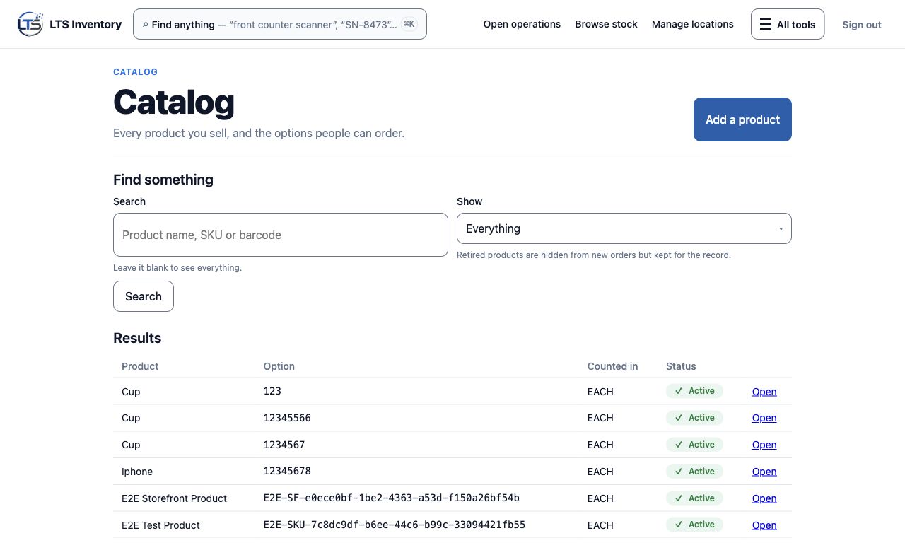 Catalog workspace showing product records, SKUs, and searchable identifiers