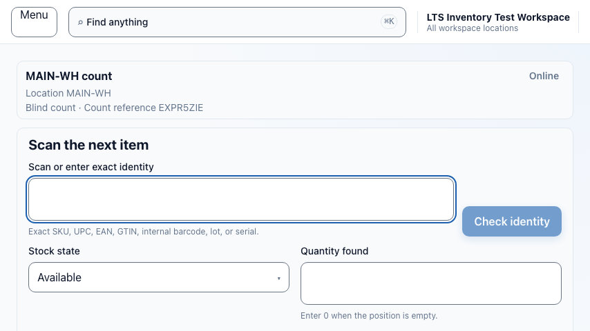 Scanner-first stock count workspace with exact identity, stock state, and observed quantity fields
