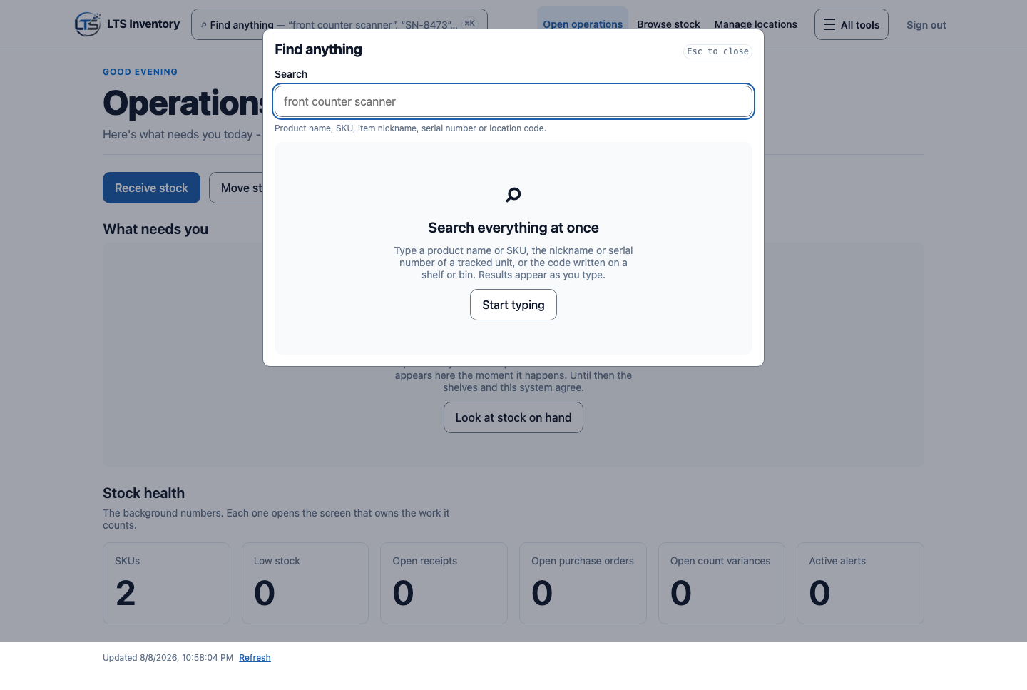 LTS Inventory Find anything overlay searching products, SKUs, nicknames, serial numbers, and location codes