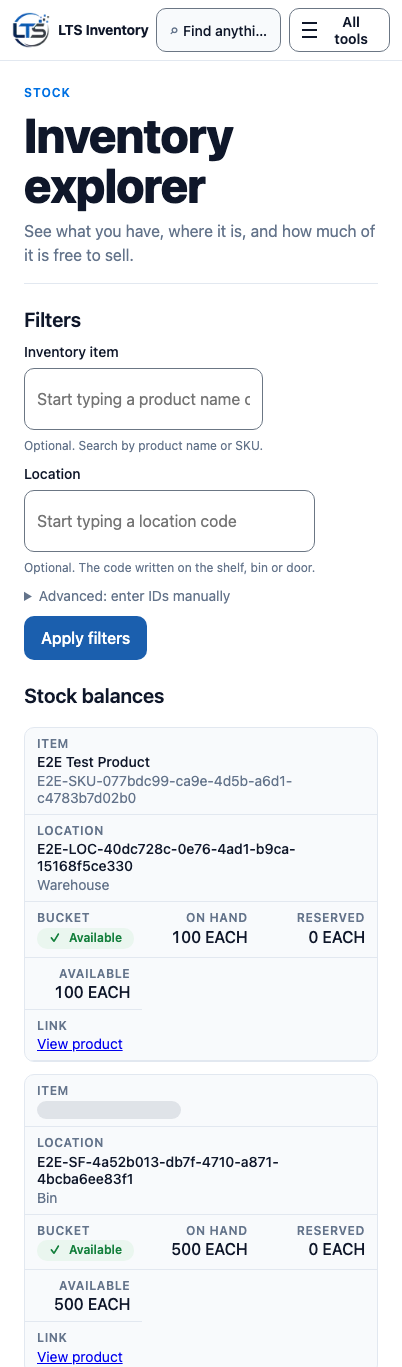 LTS Inventory mobile inventory explorer with stock records and location information