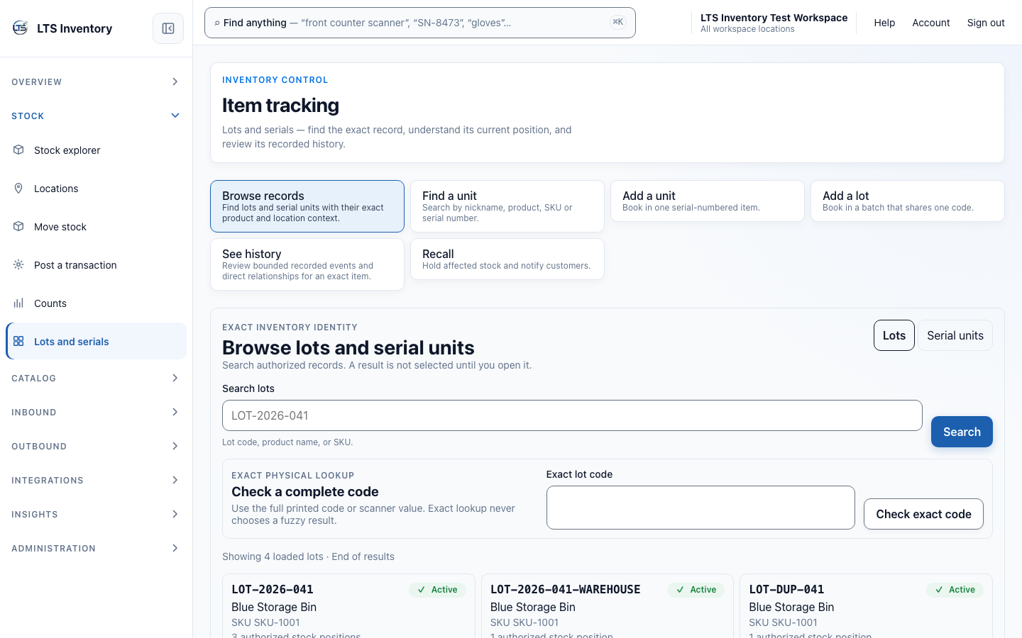 LTS Inventory item tracking workspace browsing exact lot and serial-unit records