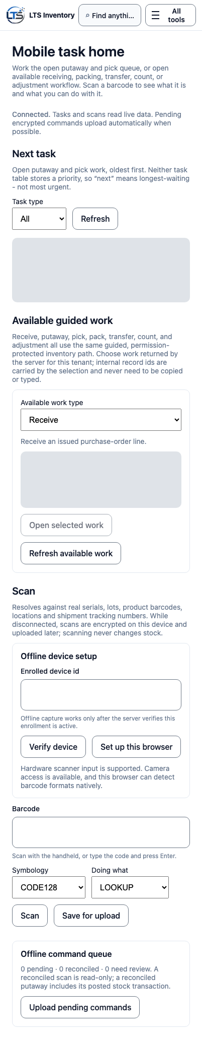 LTS Inventory task list on a mobile device