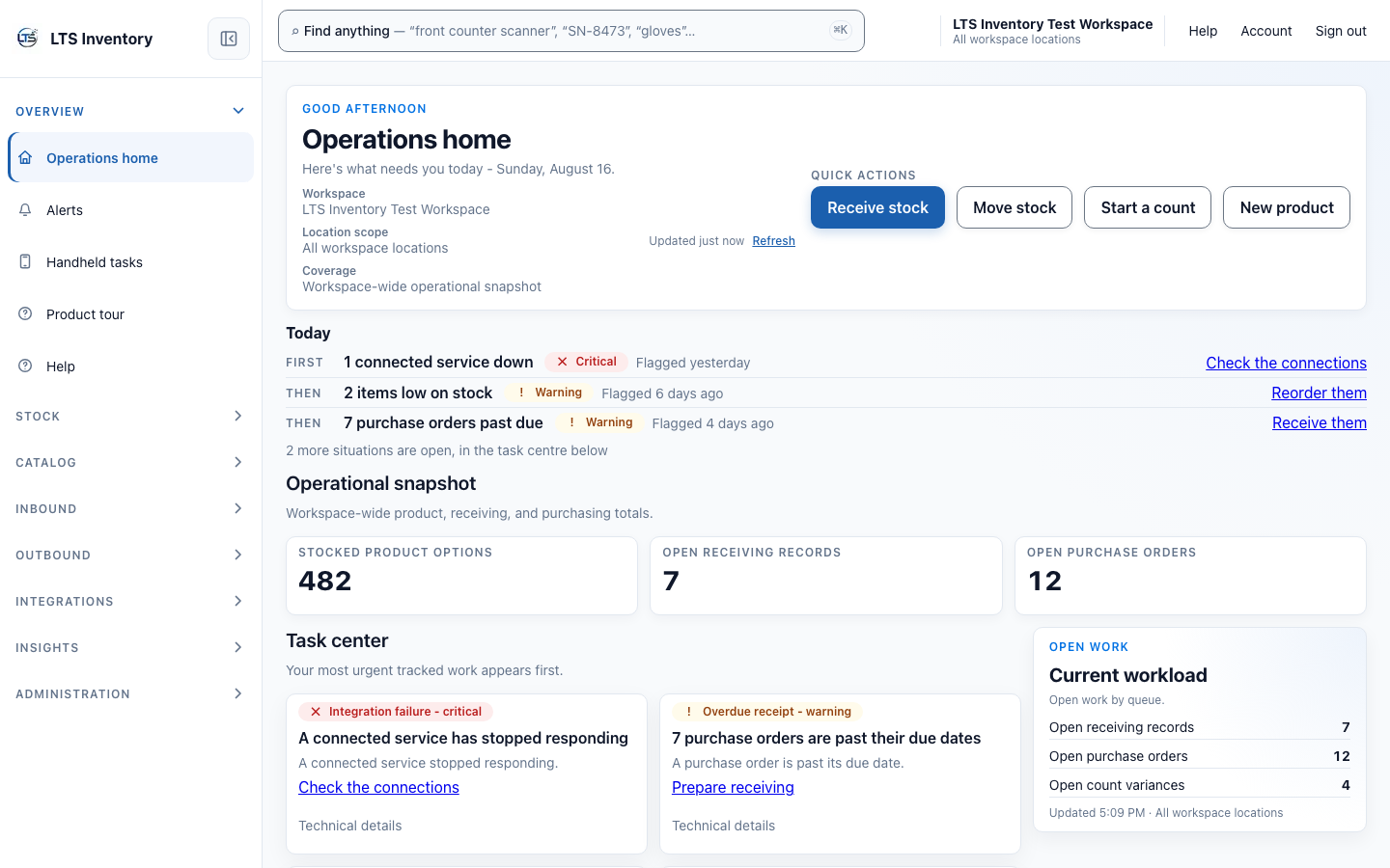 LTS Inventory operations home showing prioritized attention items, quick actions, and current workload