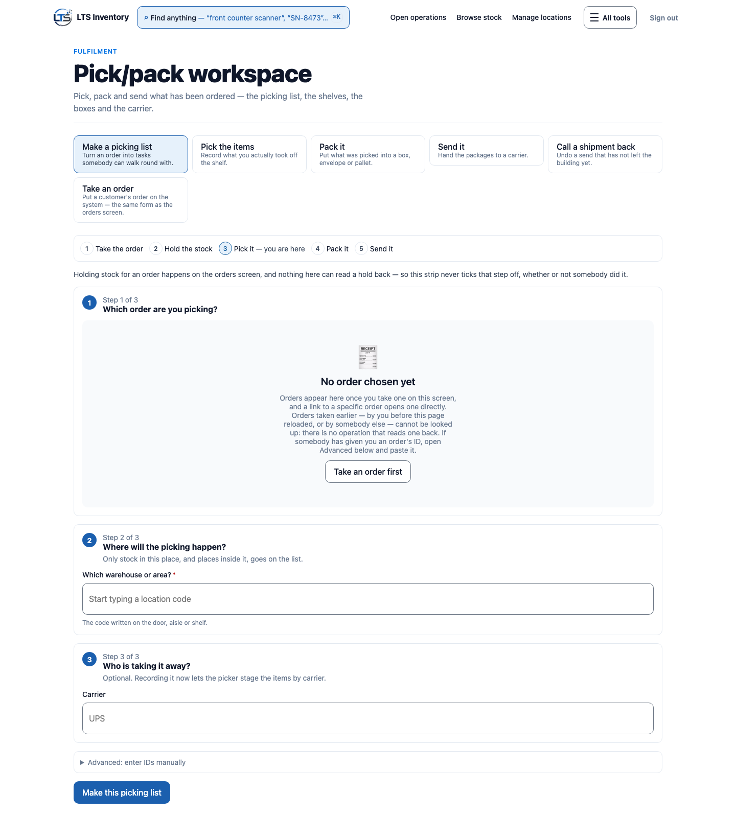 Pick and pack workspace for allocating and fulfilling an inventory order