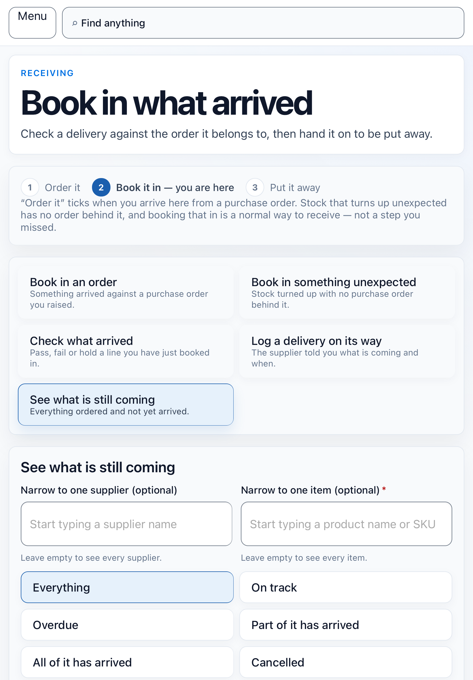 Responsive LTS Inventory receiving workspace for booking an expected or unexpected delivery