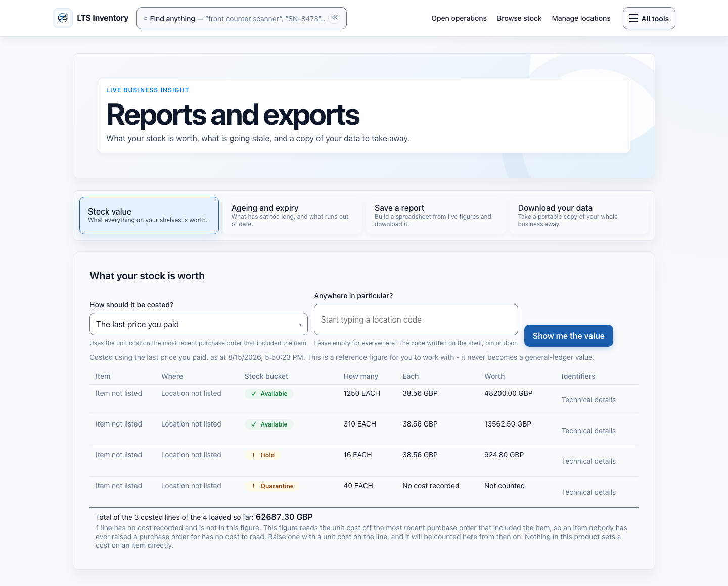 Demonstration reports workspace. Valuation is a reference figure from a sample tenant, not a published price list.