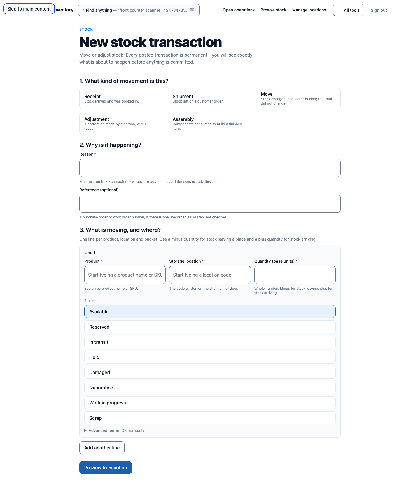 Stock movement workspace showing location-aware inventory state